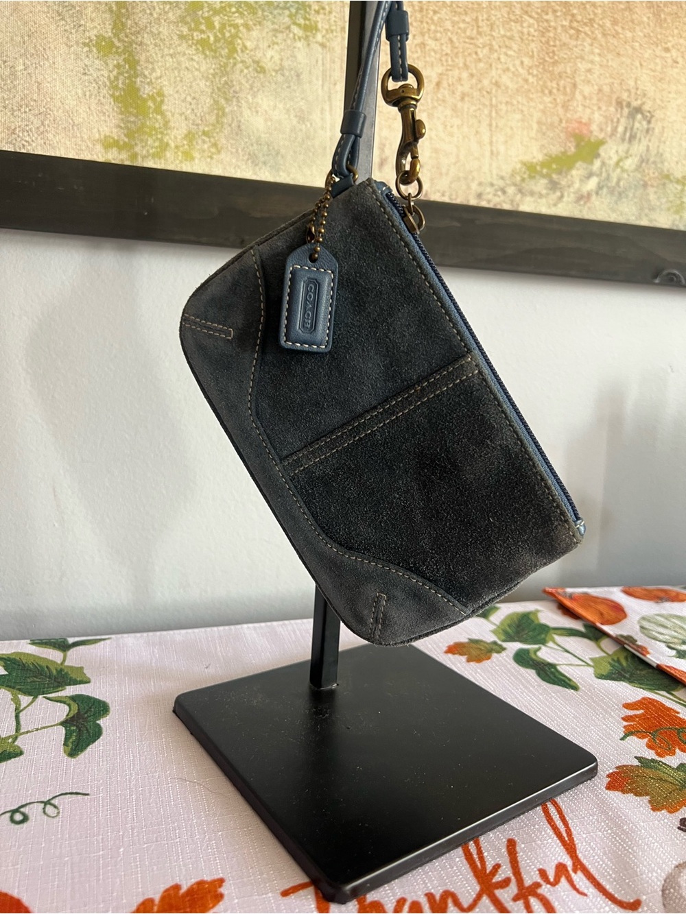 Vintage COACH Rare Suede and Leather Wristlet in Denim Blue and Brass